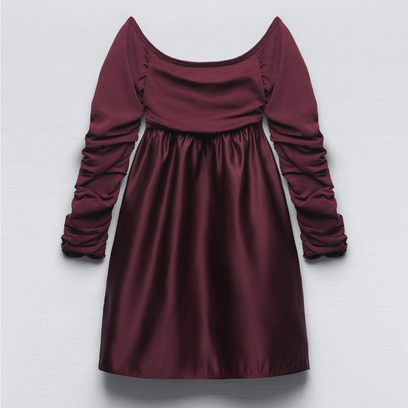 NWOT Zara Burgundy Combination Knit Mini dress Size M Long-sleeve Off Shoulder - Picture 1 of 10